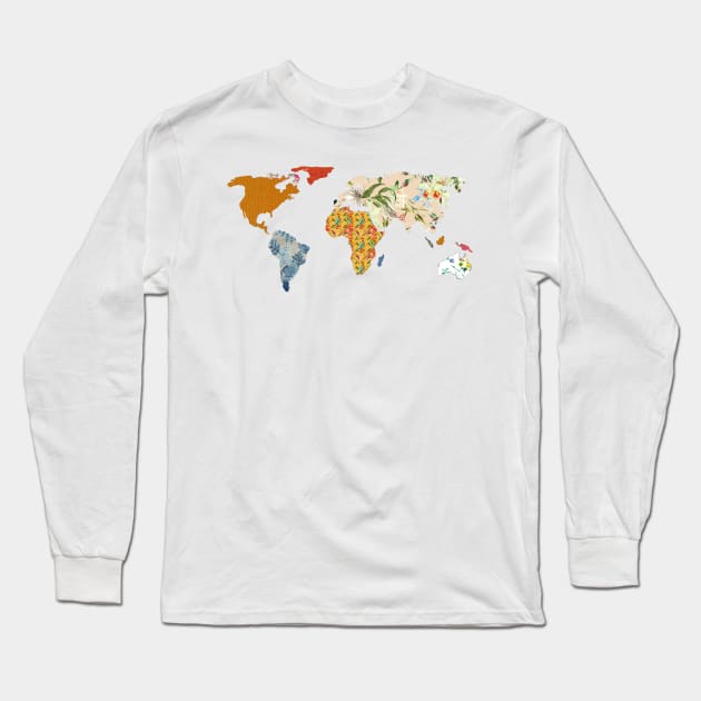 Floral Patchwork World Map Long Sleeve T-Shirt by luckylucy